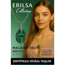 Sertifikalı Gümüş Tel Sargılı Doğal Malakit Taşı Kolye 20-25 Mm Koruma Ve Dönüşüm Taşı Yeşil