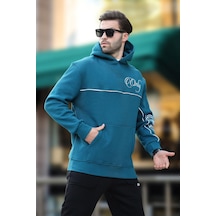 Madmext Petrol Mavisi Kapüşonlu Şerit Detaylı Baskılı Erkek Sweatshirt 7091 Petrol Mavisi