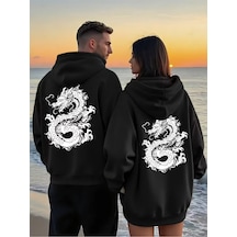 Nevermind Sevgili Çift Kombini Dragon Desenli Hoodie Kapüşonlu Sweatshirt 2 Siyah
