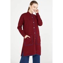 Dik Yaka Cepli Uzun Triko Ceket - Bordo 001