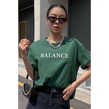 Balance Yazılı T-shirt - Yeşil Baskılı Oversize Bisiklet Yaka Kısa Kol Tişört Yeşil