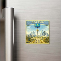 Retro Kazakistan Astana Şehri Temalı Vintage Buzdolap Magneti 9x9 Cm