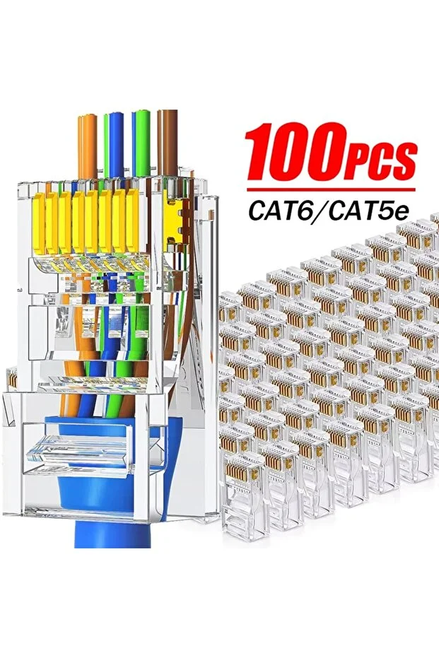 100 Adet Yeni Nesil Delikli Rj45 Cat5 Cat6 Ethernet Internet Kablo Soketi Konnektör 8p8c Jack Utp Uç