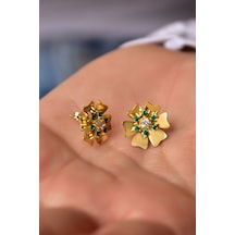 925 Ayar Gümüş Gold Kaplama Mayıs Ayı Doğum Taşı Tohumlu Linum Çiçeği Küpe UVPTS300348-1