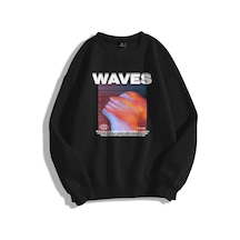 Unisex Waves Bisiklet Yaka Sweatshirt Siyah Siyah