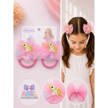 2'li Set Kelebek Desenli Tül Fiyonk Ve Unicorn Figürlü Kız Çocuk Lastikli Toka - 4 Farklı Renk Pembe
