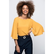 Aqe Fashion Kadın Kolu Volanlı Kayık Yaka Hardal Bluz-Hardal