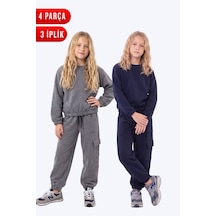 Panios Kids 3 İplik Kız Çocuk Düz Kısa Bel Sweatshirt Bisiklet Yaka 2'li Eşofman Takımı Füme - Lacivert