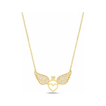 Çekirdekjewelry 925 Ayar Gümüş Gold Kaplama Melek Kanatlı Kalp Kolye Taşlı Zarif Tasarım Sarı