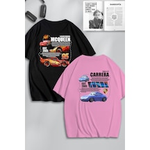 Unisex Cars Şimşek Mcqueen Ve Sally Sırt Baskılı Sevgili Çift Kombini Tasarım Oversize T-shirt 2li Siyah Pembe Mck0538 Siyah Pembe