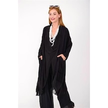 Italyan Ipek Detaylı Oversize Kap Bluz- Wes Pantolon Takım Siyah