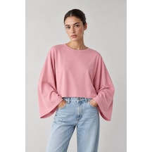 Genel Markalar Kadın Oversize Crop Geniş Kollu Basic Sweatshirt Pembe