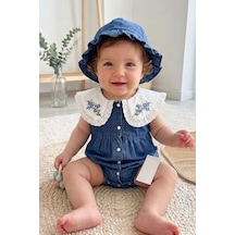 Cantoy Nakışlı Bebe Yaka Kot Bebek Tulumu Ve Şapka Takımı Koyu Mavi