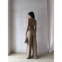 Kadın Kuşaklı Tokalı Crop Bluz Ve Palazzo Pantolon Takım - Bordo Mint Siyah Vizon Vizon