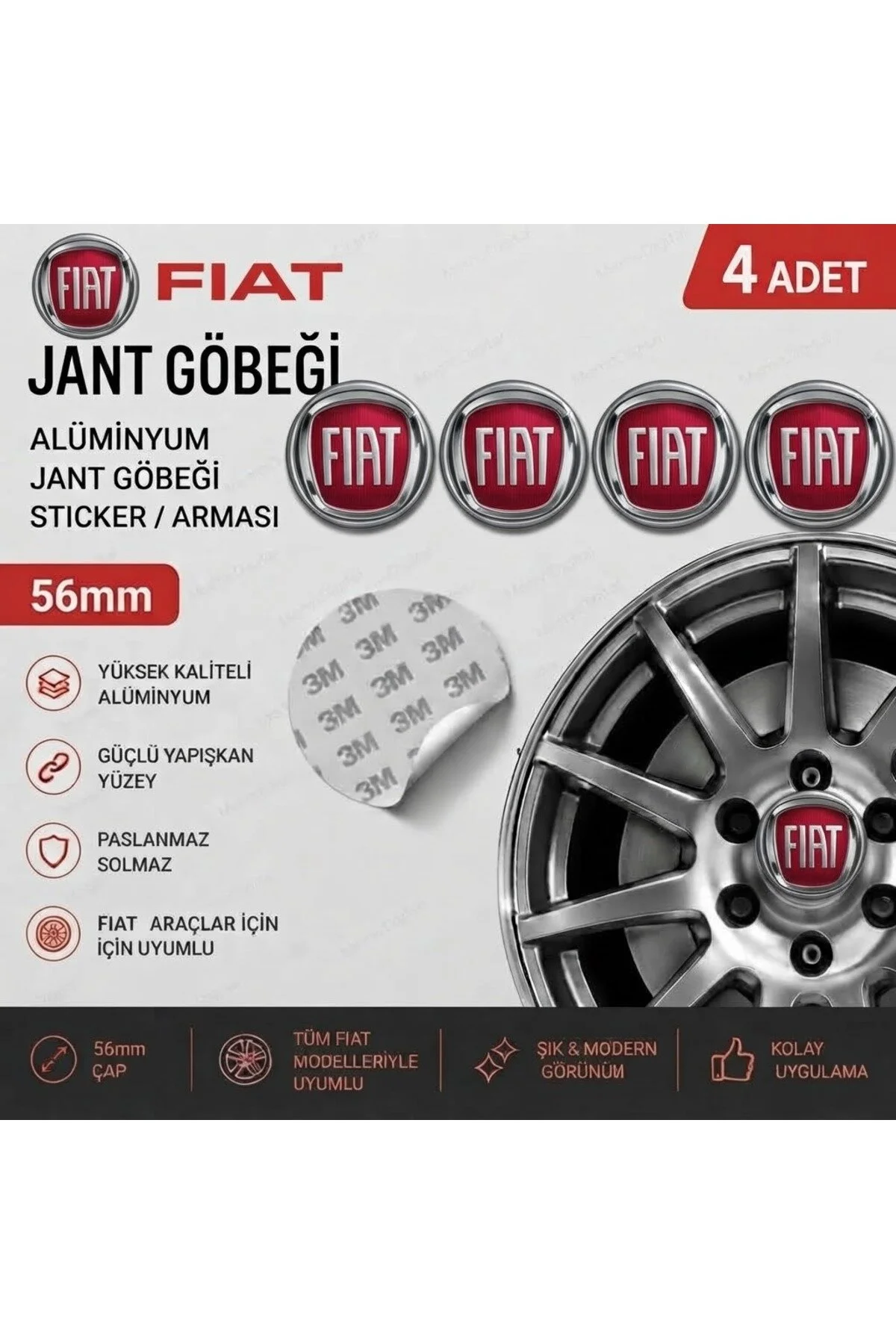 Fiat Logolu Alüminyum Jant Göbeği Arması Sticker 56mm - 4 Adet