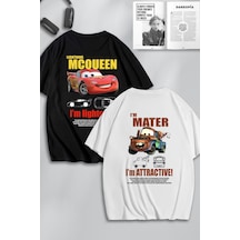Unisex Cars Şimşek Mcqueen Ve Mater Sırt Baskılı Arkadaş Çift Kombini Tasarım Oversize T-shirt 2li Siyah Beyaz Mck0530 Siyah Beyaz