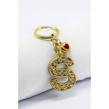 Kırmızı Parlak Kalpli Gold Renkli Kristal Taşlı Metal S Harfi Ana