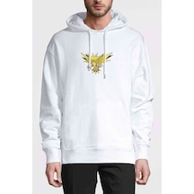 Pokemon Zapdos Baskılı Beyaz Erkek Örme Kapşonlu Sweatshirt