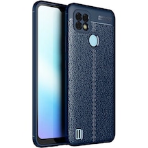 Kilifone - Realme C21 Uyumlu Kılıf Deri Dikiş Görünümlü Niss Karbon Silikon Kapak - Lacivert - T17288