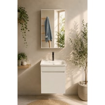 Şefaatli 45 Cm Mdf Seramik Meşe Lavabolu Aynalı Banyo Dolabı Beyaz