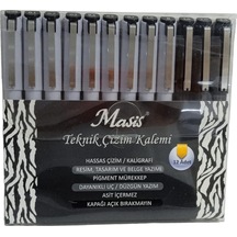 Teknik Çizim Kalemi Seti Siyah Yuvarlak- Fırça - Kesik Uç 12'li Paket Set