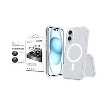 Vendas Apple iPhone Uyumlu  16 Plus Kılıf Magsafe Şarj Özellikli Şeffaf Sert Pc Zore Embos Kapak + Safir Kamera Lens Koruyucu