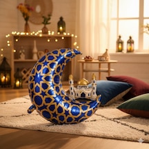 65 X 63 Cm Folyo Balon Mavi Gold Desenli Cami Figürlü Hilal - Ramazan Süs Balonu Çok Renkli