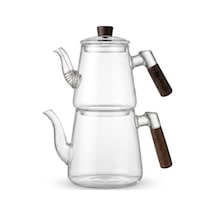 1000 Ml + 750 Ml Akasya Ahşap Kulplu Cam Çaydanlık Takımı - Isıya Dayanıklı Borosilikat Pürüzsüz Şeffaf Tasarım, Yaylı Süzgeçli Lüks Çaydanlık 1