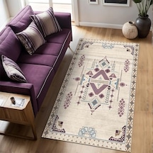 Plum Kadife Kaymaz Pamuk Tabanlı Yıkanabilir Antibakteriyel Salon Halısı 120x180, Kilim Desenli 1