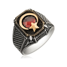 925 Ayar Gümüş Kırmızı Zirkon Taşlı Ay Yıldız Tasarım Erkek Yüzük - 554938036