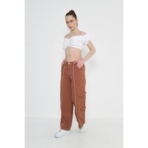 Kutaf Camel Kargo Cepli Dikiş Detaylı Yüksek Bel Wide Leg Pantolon Kahverengi