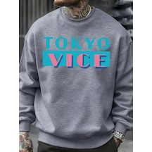 Startmore Tarzsokak Tokyo Vice Büyük Harfli Baskılı Sweatshirt Erkek Polar Bol Moda Sokak Giyim O-yaka Sonbahar K Gri