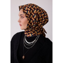 Belli Geometrik Desen %100 Twill İpek Eşarp Be07 İndigo-hardal