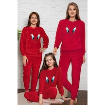 Civciv Desenli Anne Kız Çocuk Kombin Peluş Pijama Takımı Anne Kız Ayrı Satılır. Kırmızı