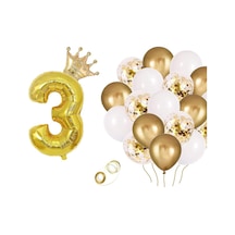 3 Rakam Gold Folyo Balon, Kral Tacı Ve Konfetili Gold Balon