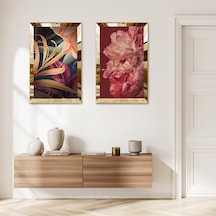 Gold Aynalı Pleksi Çerçeveli Renkli Modern Çiçekler İkili Mdf Tablo Seti