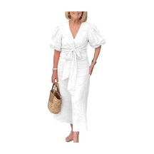 Yazlık Maksi Elbise V Yaka Bağcıklı Bel Kabarık Kollu Düz Renk Bol Beyaz