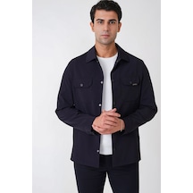 Comfort Fit Yan Cepli Esnek Pamuklu Çıtçıtlı Lacivert Gömlek Ceket C 736
