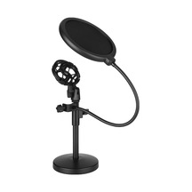 Masaüstü Mikrofon Ayaklı Tutucu, Genişletilebilir Gövde, Şok Emici + Büyük Boy Pop Filtresi, Çift Kullanım, Siyah - 102s