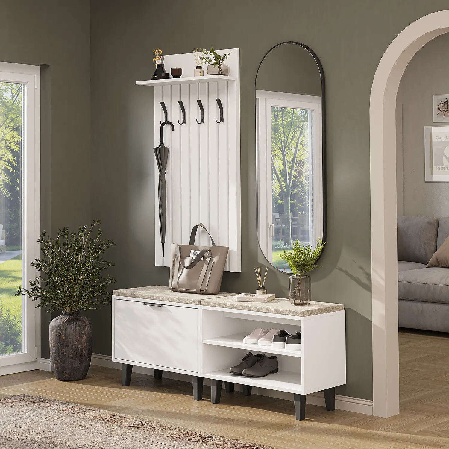 Nord Vestiyer Takımı Kapaklı Ve Kapaksız Bench,lambri Askılıklı, Modüler, Oval Aynalı Portmanto Takımı Beyaz