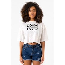 Cowboy Bebop Retro Letter Logo Beyaz Kırçıllı Kadın Crop Tshirt Beyaz