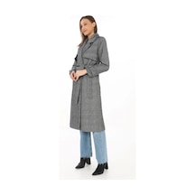 Ertaştrendstore Kadın Uzun Kaşe Kaban Balık Sırtı Dokuma Kaşmir Kruvaze Yaka Kuşaklı Cepli - Boyalı Gri Çok Renk