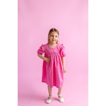 Oliventhekid Robadan Fırfır Büzgülü Kolları Lastikli Poplin Kız Çocuk Elbise Pembe Pembe