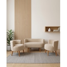 Sydney 2+1+1 Welsoft Tüylü Yumuşak Kumaş Balkon Çay Seti Koltuk Takımı - Ahşap Ayak - Cappuccino Bej Cappucino
