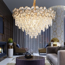 Saral 60'lık Yuvarlak Gold Kristal Taşlı Modern Tasarım Salon Avize Altın