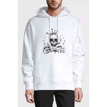 Rock'N Roll Baskılı Beyaz Erkek Örme Kapşonlu Sweatshirt
