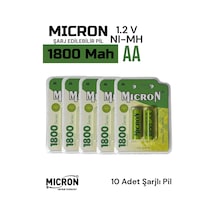 Aa Sıze 1800 Mah Ni-mh Şarjlı Pil Micron 10 Adet 1800 Mah Gerçek Kapasite
