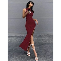 Valensdesign Kadın Omuzlardan Acık Yandan Buzgulu Yırtmaçlı Uzun Dalgıç Elbise Bordo