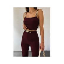 Butik İstanbul Kadın Zincir Askılı Krop Ithal Krep Bluz Ve Pantolon Ikili Takım Bordo