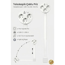 Teleskopik Çoklu Priz 3 Lü Topraklı + Usb-c & Usb-a, Yükseklik Ayarlı, Işıklı Anahtarlı Uzatma Prizi 0.7 M